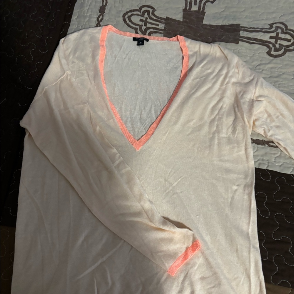 Ann Taylor Cream and Pink V-Neck Long Sleeve Top
